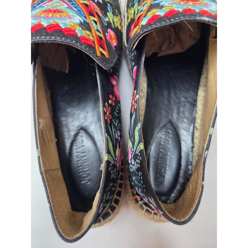 Johnny Was Black Leopard Floral Embroidered Platform Espadrille Shoes Size 9.5